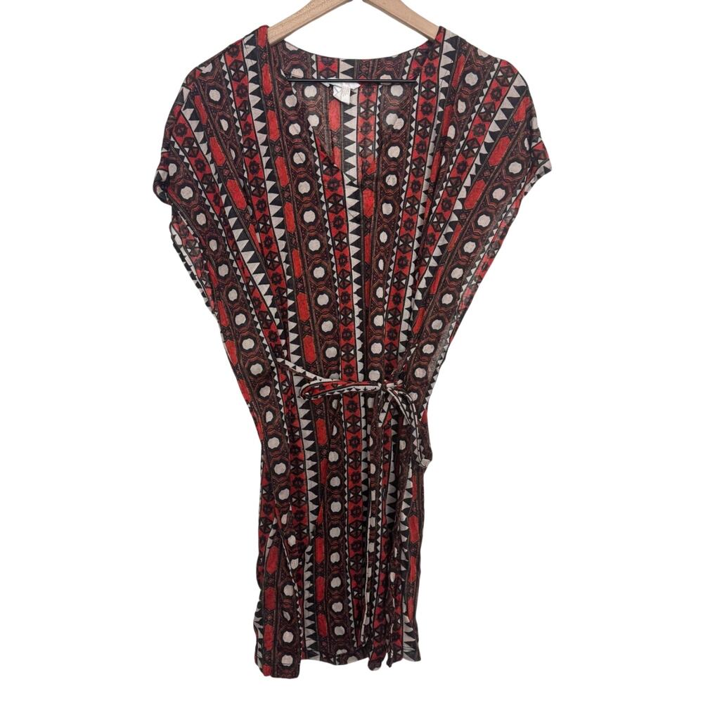 H&M Cover-Up Dress Red Black Geometrical Tribal Belted Size Small